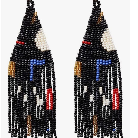 Black Abstract Shapes Long 5" Multicolor Earrings Beaded Oversized Bohemian New - Picture 1 of 5